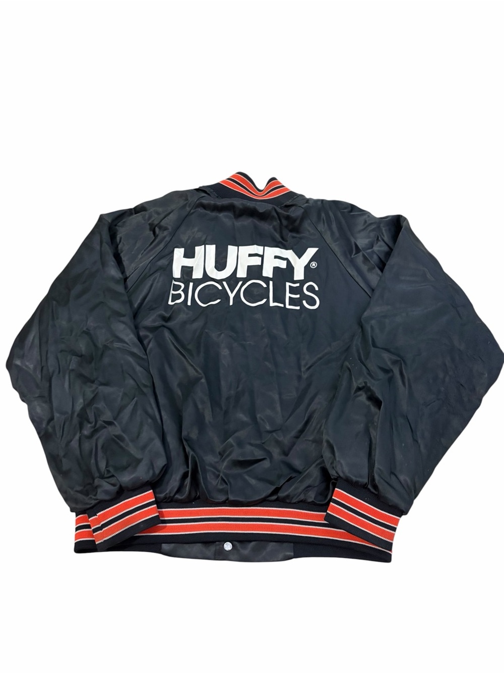 VTG Huffy Bicycles Satin Bomber Varsity Jacket Adult Large 80s USA Made Black